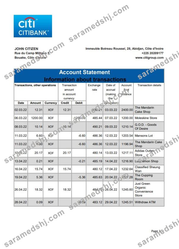 Cote d'Ivoire Citibank bank statement xls